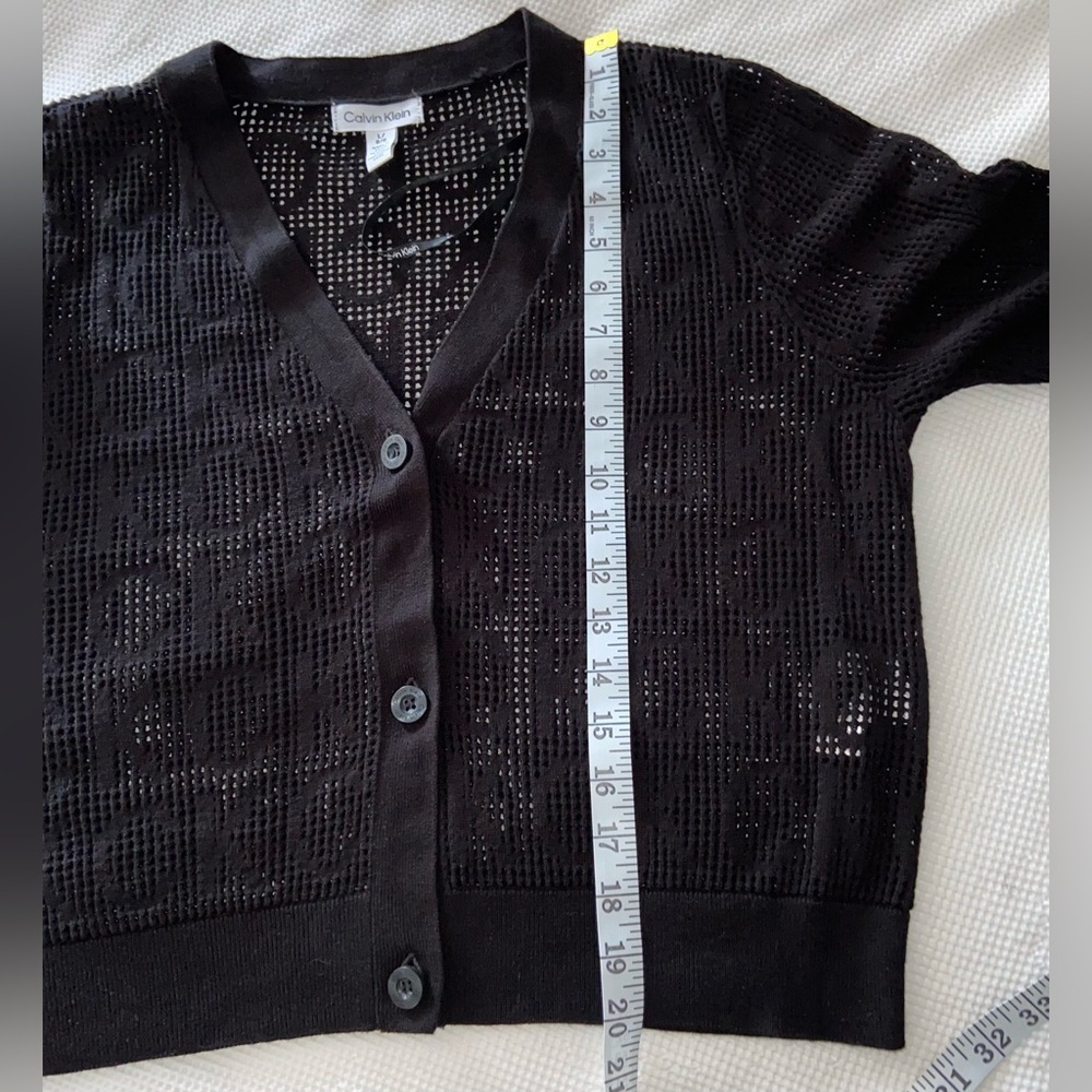 CALVIN KLEIN sheer black buttoned cardigan all over Logo size Large - Picture 7 of 9